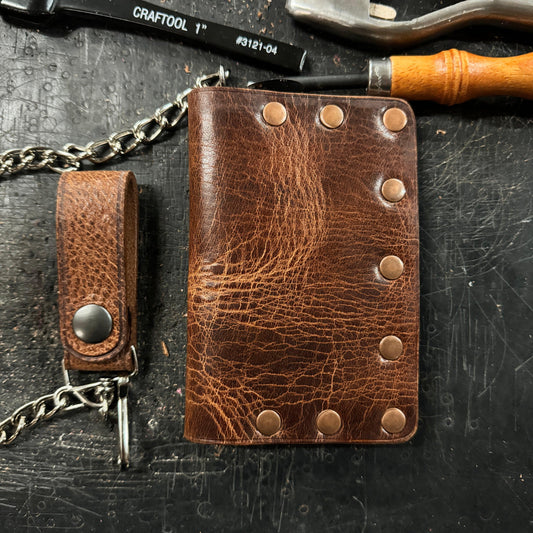 Biker Bifold Chain Wallet - Tan Vintage Glazed Buffalo Leather Bifold Wallet with Copper Hardware - Stonestreet Leather