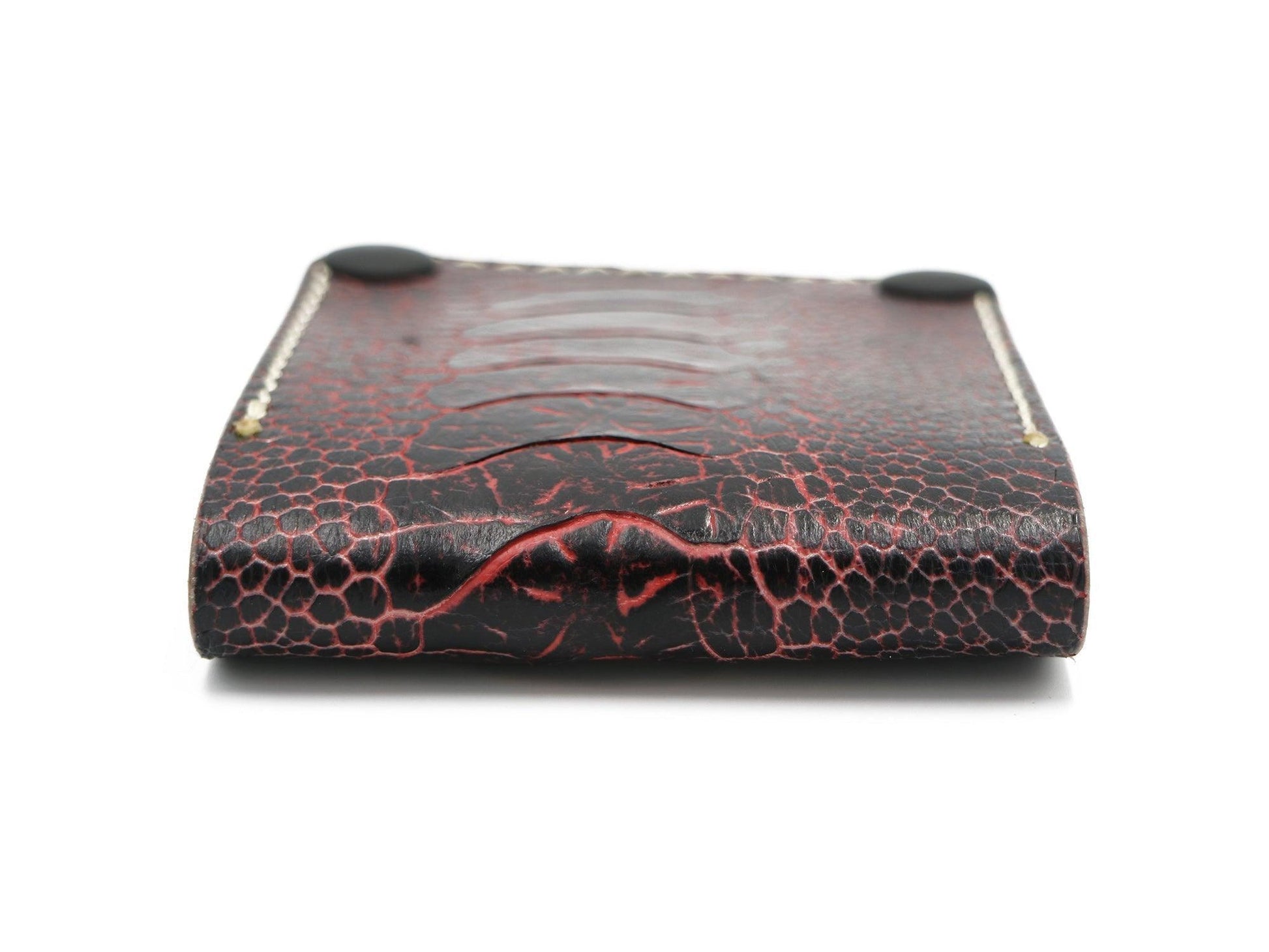 Minimalist Bifold Snap Wallet - Red & Black Ostrich with Veg Tan Interior, Black Snaps - Stonestreet Leather