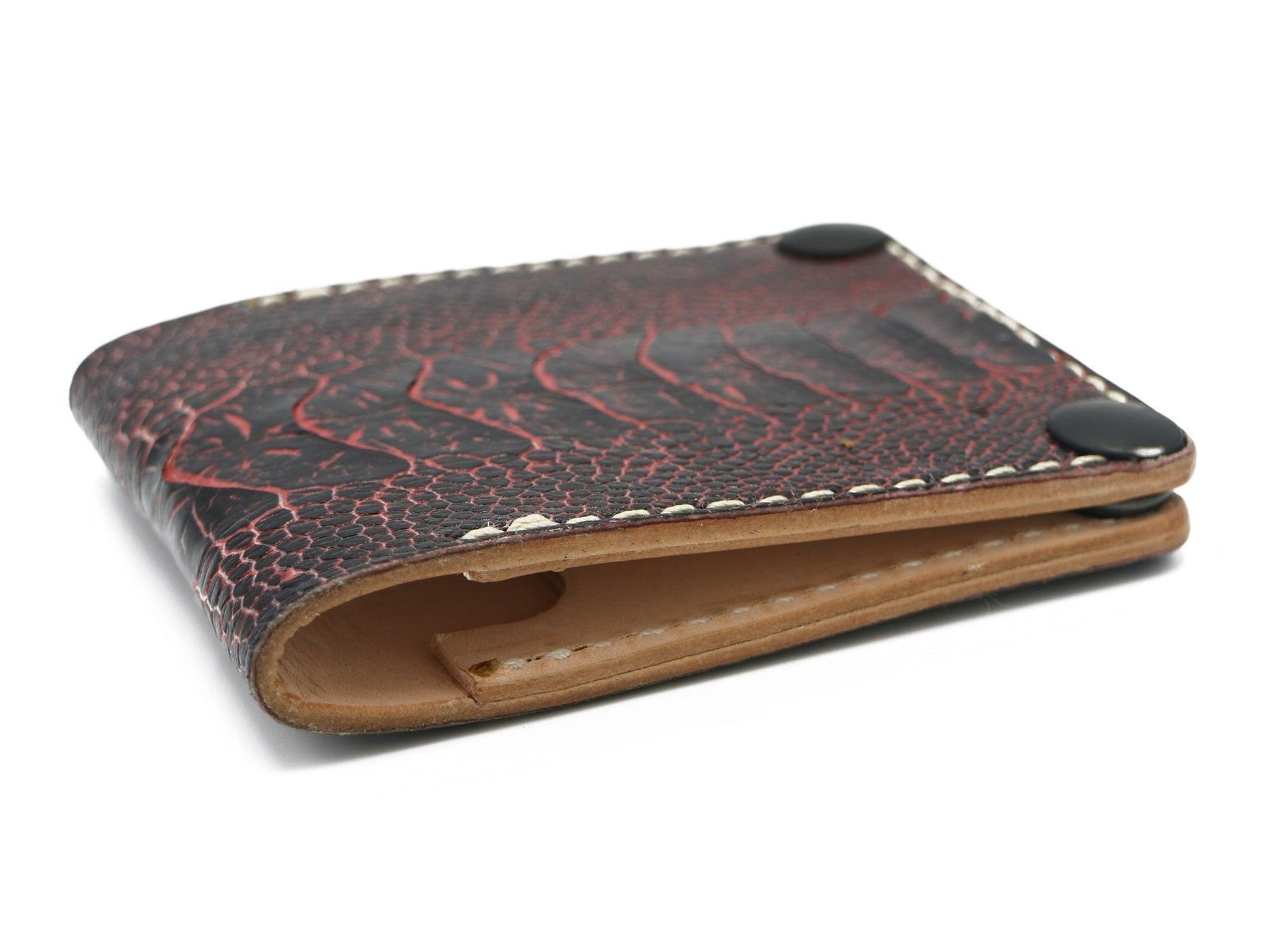 Minimalist Bifold Snap Wallet - Red & Black Ostrich with Veg Tan Interior, Black Snaps - Stonestreet Leather