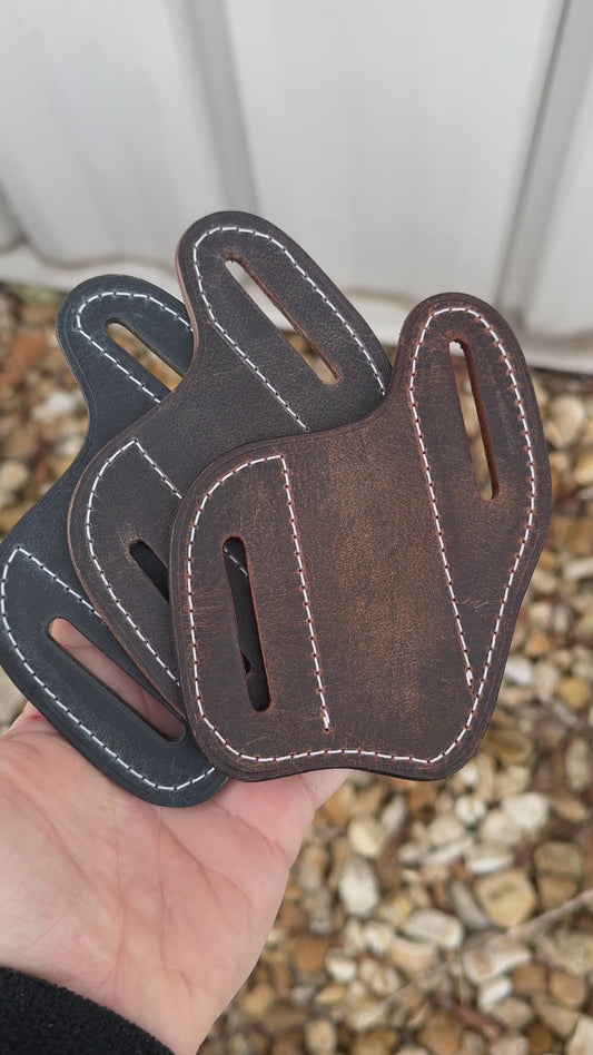 Handmade Crazy Horse Leather Pocket Knife Holster, Cross Draw Knife Sheath with Belt Slots - Crazy Horse Buffalo Leather