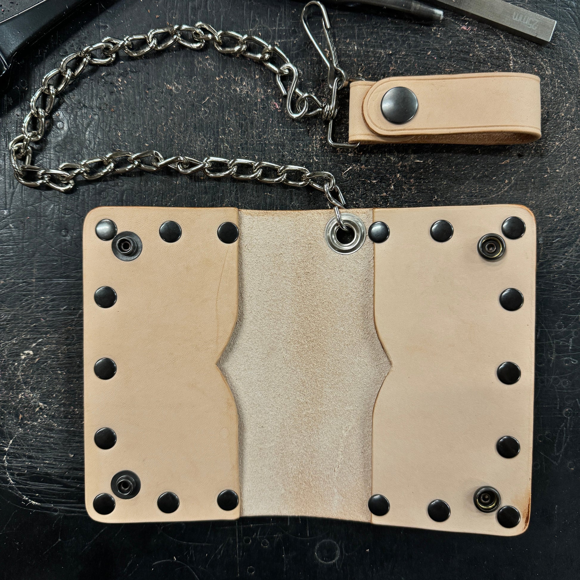 Veg Tan Biker Bifold Chain Wallet - Natural Vegetable Tanned Cowhide Leather with Gun Metal Hardware - Stonestreet Leather