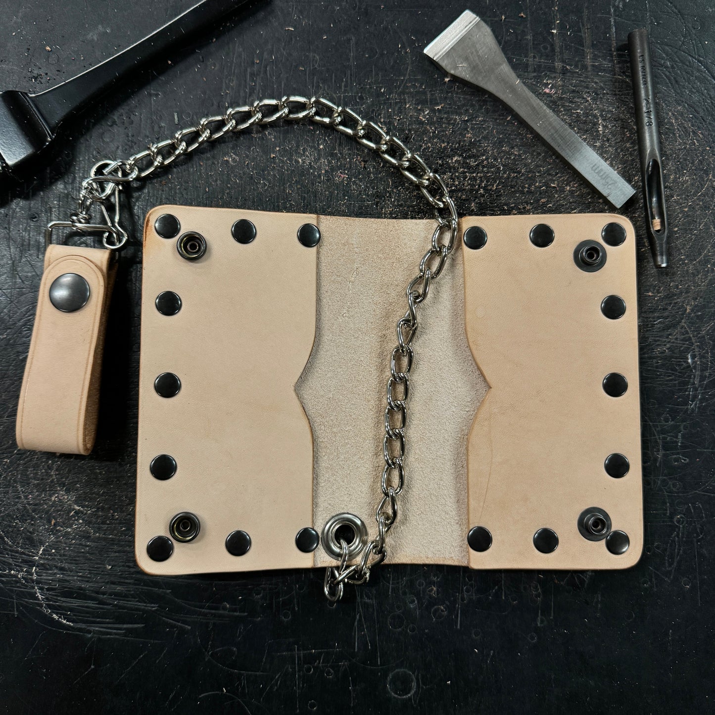 Veg Tan Biker Bifold Chain Wallet - Natural Vegetable Tanned Cowhide Leather with Gun Metal Hardware - Stonestreet Leather