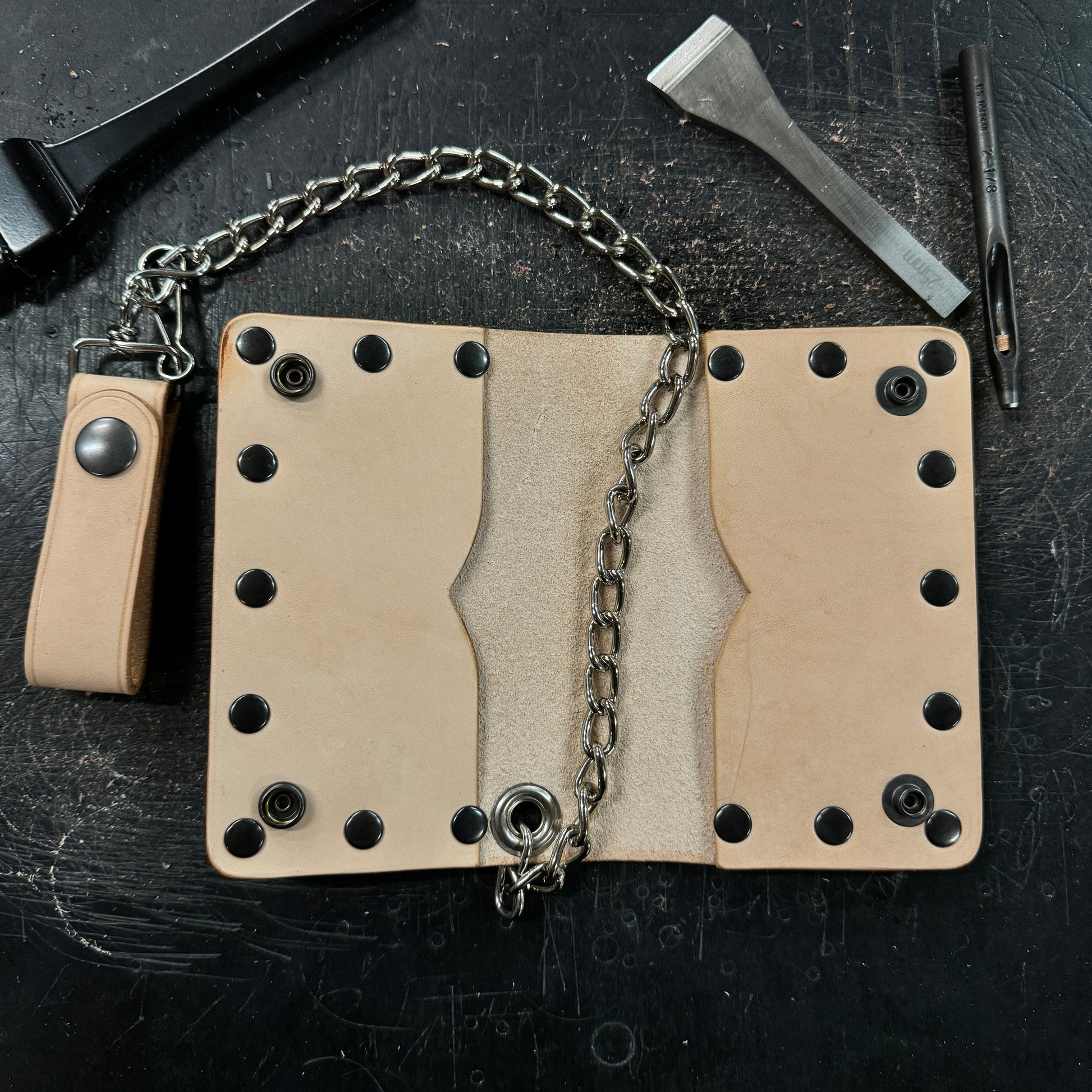 Veg Tan Biker Bifold Chain Wallet - Natural Vegetable Tanned Cowhide Leather with Gun Metal Hardware - Stonestreet Leather