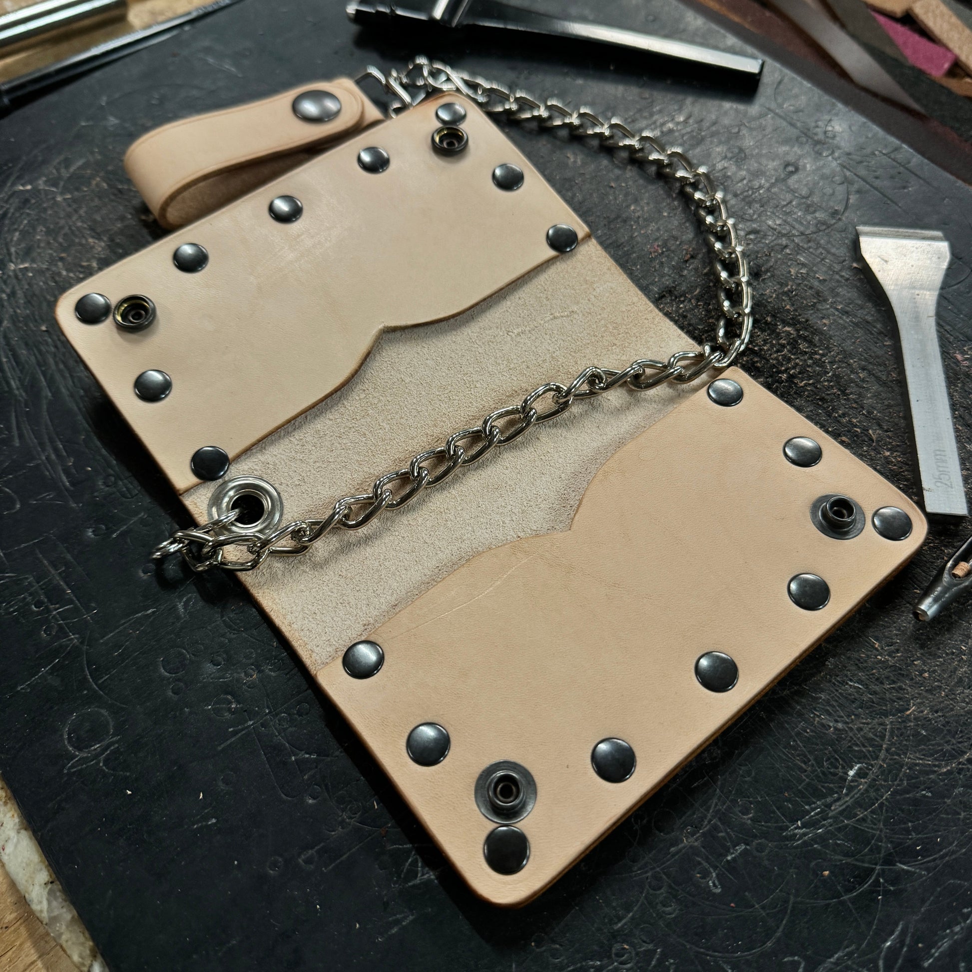 Veg Tan Biker Bifold Chain Wallet - Natural Vegetable Tanned Cowhide Leather with Gun Metal Hardware - Stonestreet Leather