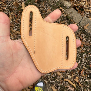 Basketweave Stamped Natural Veg Tan Cowhide Leather Handmade Pocket Knife Holster Sheath, Pancake Style Cross Draw with Belt Slots - Stonestreet Leather