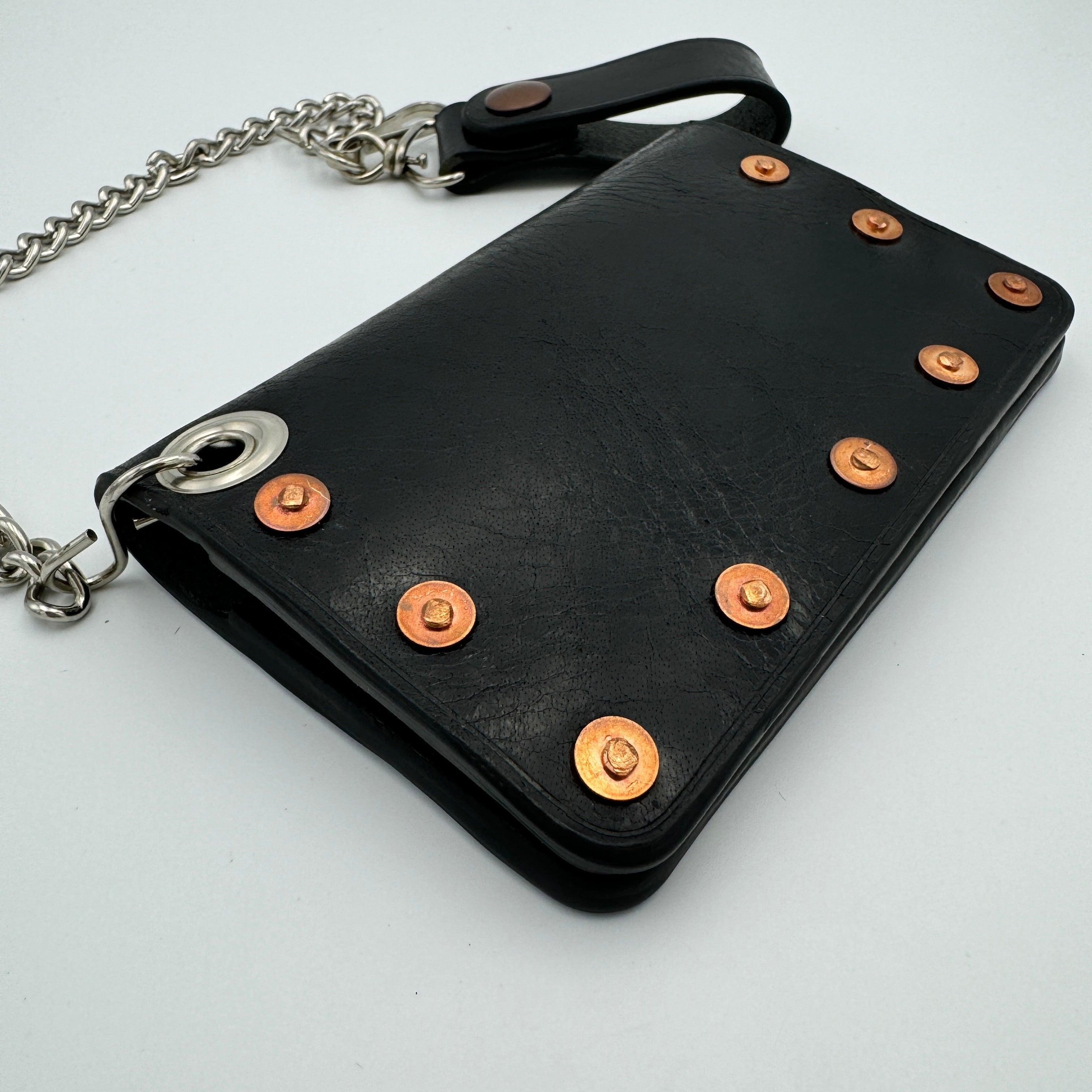 Biker Bifold Chain Wallet Vintage Glazed Buffalo Leather Bifold Wallet with Copper Hardware