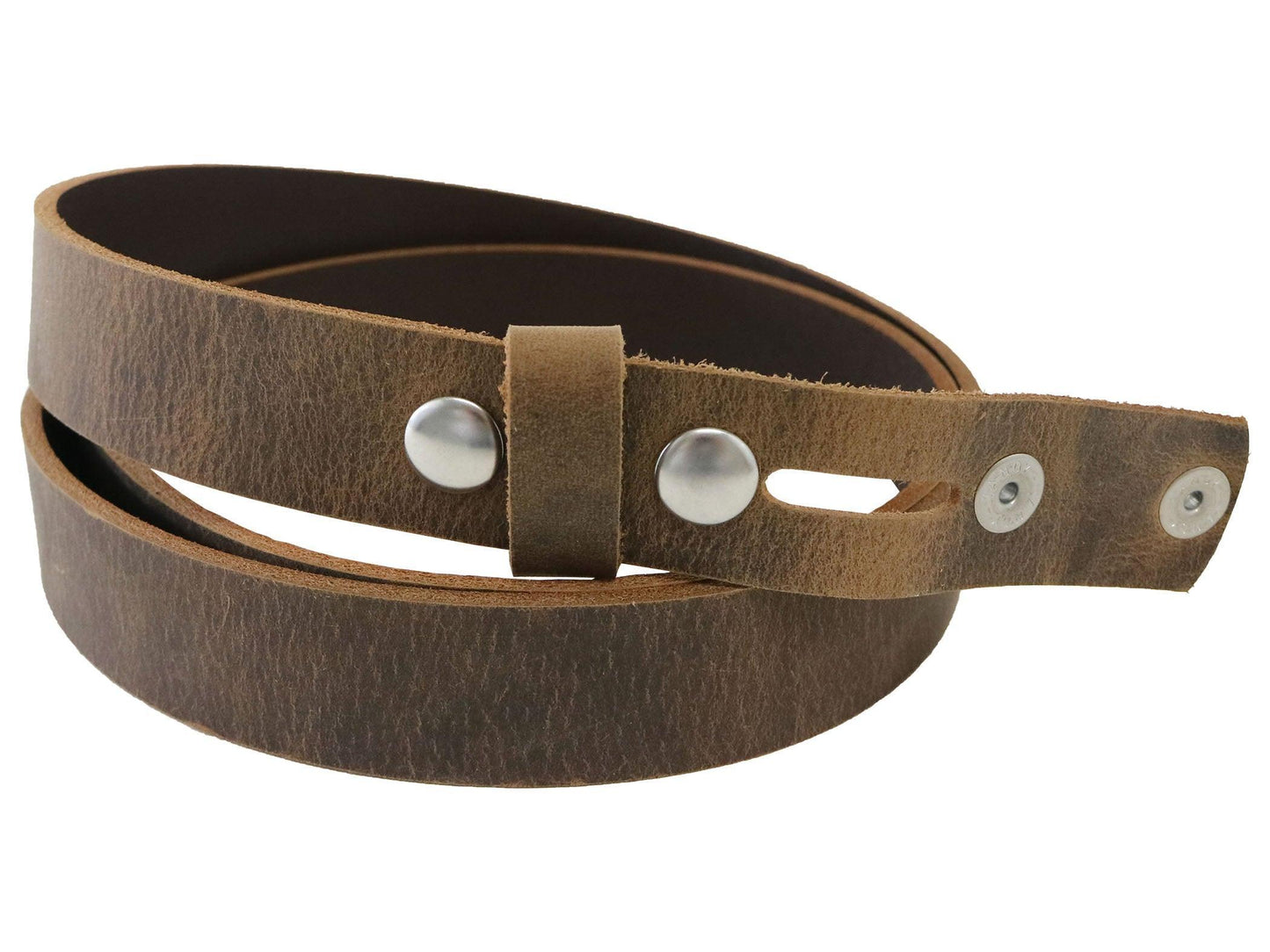 Brown Crazy Horse Buffalo Leather Belt Blank With Snaps & Matching Keeper, 48" - 60"+ Length, Choice of Snap Color - Stonestreet Leather