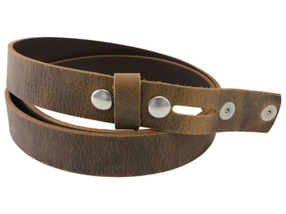Brown Crazy Horse Buffalo Leather Belt Blank With Snaps & Matching Keeper, 48" - 60"+ Length, Choice of Snap Color - Stonestreet Leather