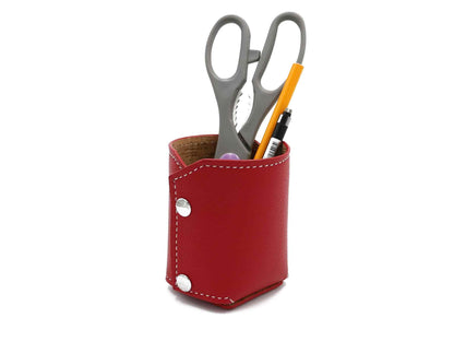 Contemporary Pencil Cup - Italian Pebble Grain Leather Lined with Cork, White Stitching - Stonestreet Leather