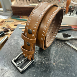 Double Stitched Men's Belt - Caramel Brown Vegetable Tanned Leather with Double Keepers - Stonestreet Leather