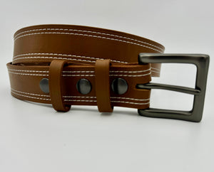 Double Stitched Men's Belt - Caramel Brown Vegetable Tanned Leather with Double Keepers - Stonestreet Leather