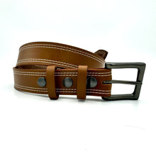 Cargar imagen en el visor de la galería, Double Stitched Men&#39;s Belt - Caramel Brown Vegetable Tanned Leather with Double Keepers - Stonestreet Leather
