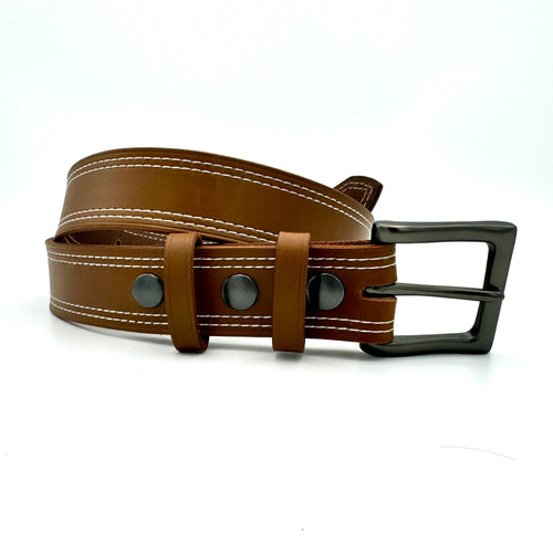 Double Stitched Men's Belt - Caramel Brown Vegetable Tanned Leather with Double Keepers - Stonestreet Leather