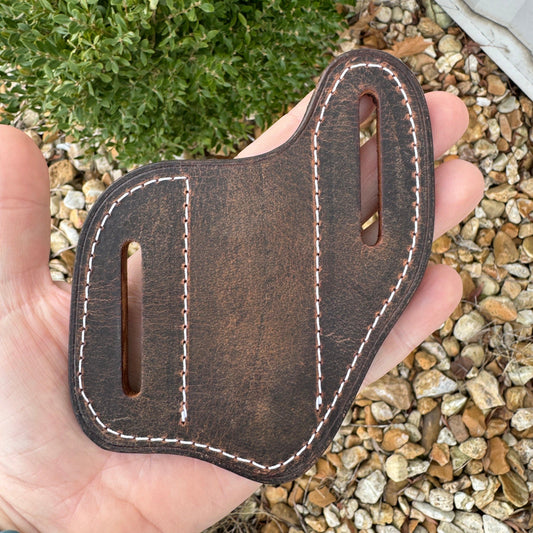 Handmade Crazy Horse Leather Pocket Knife Holster, Cross Draw Knife Sheath with Belt Slots - Crazy Horse Buffalo Leather - Stonestreet Leather