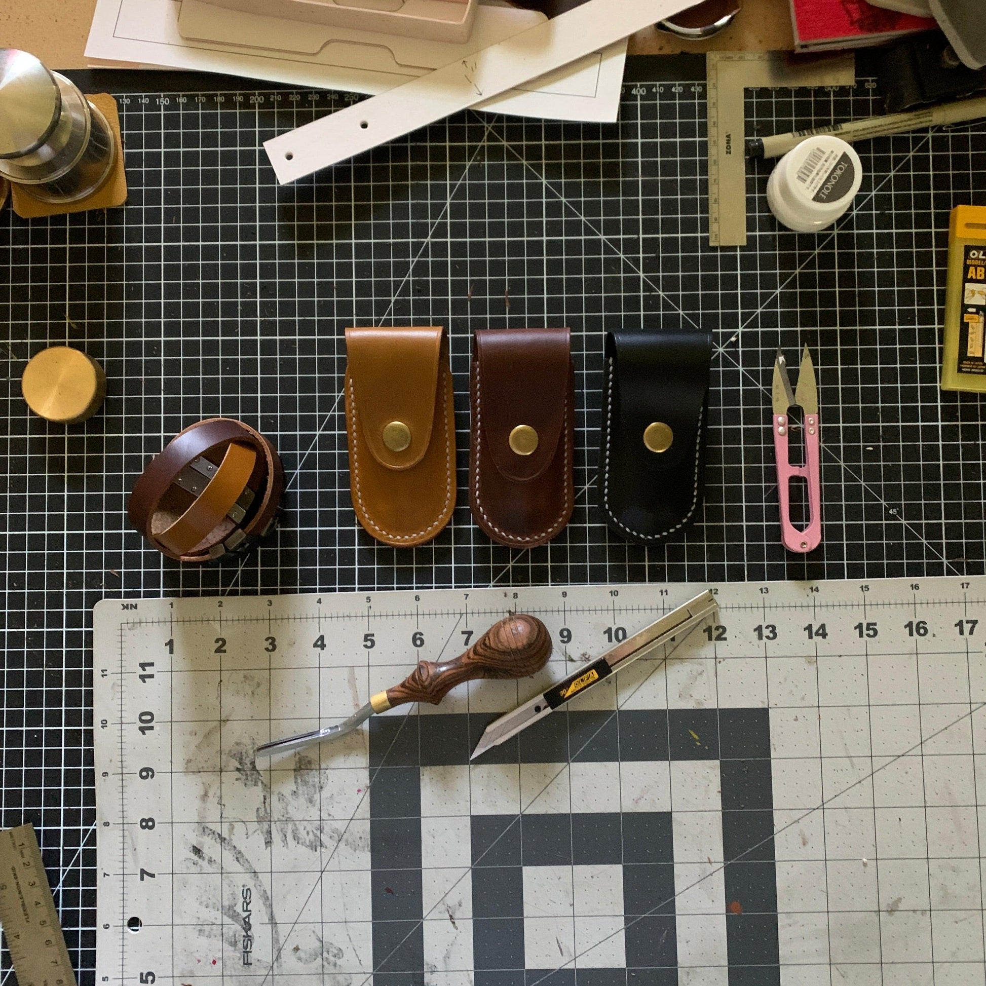 Handmade Leather Pocket Knife Holster, 3” pocket knife pouch with Belt Loop Snap Closure - Oxford Xcel Chrome Tan Leather - Stonestreet Leather