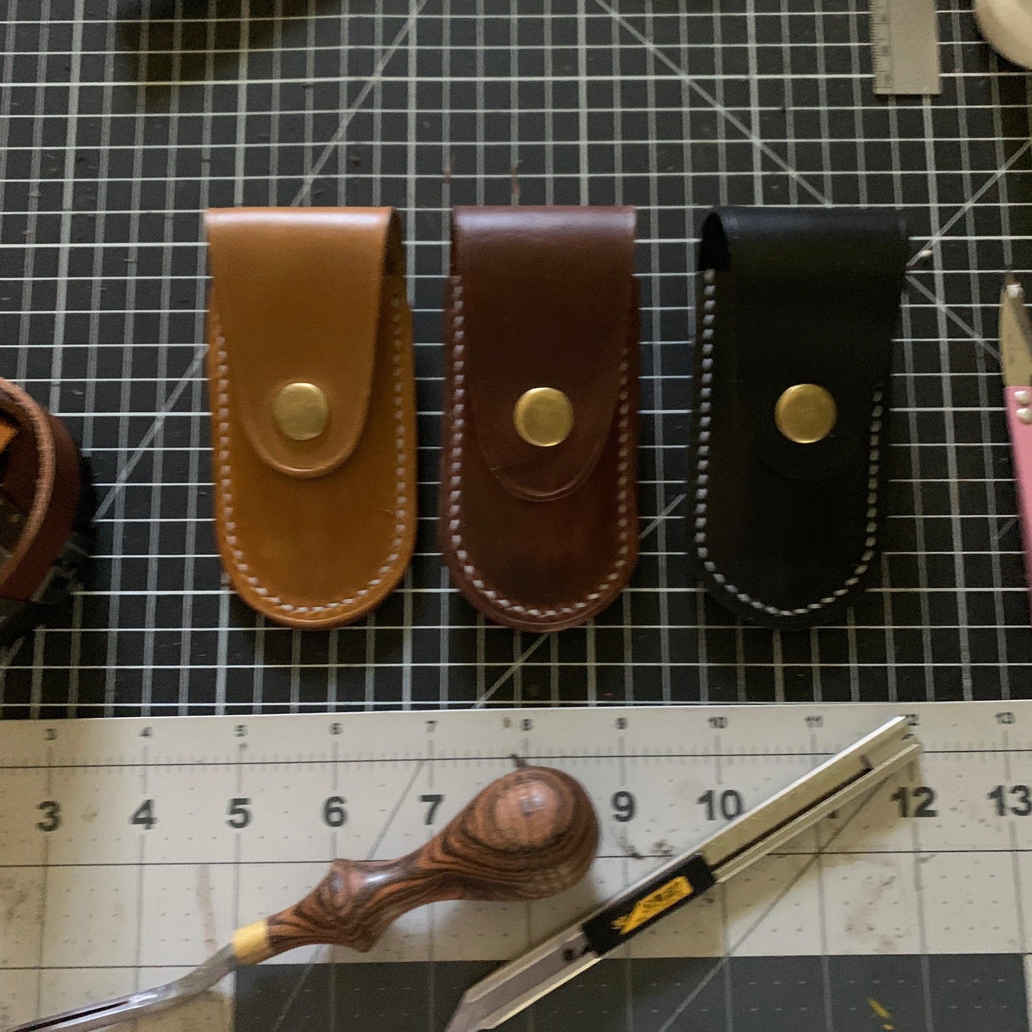 Handmade Leather Pocket Knife Holster, 3” pocket knife pouch with Belt Loop Snap Closure - Oxford Xcel Chrome Tan Leather - Stonestreet Leather