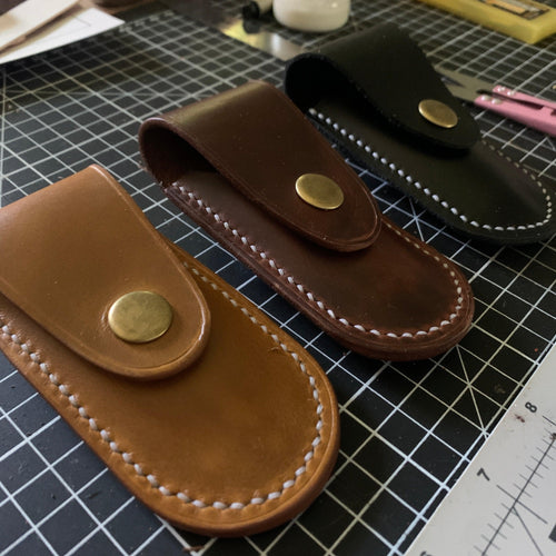 Handmade Leather Pocket Knife Holster, 3” pocket knife pouch with Belt Loop Snap Closure - Oxford Xcel Chrome Tan Leather - Stonestreet Leather