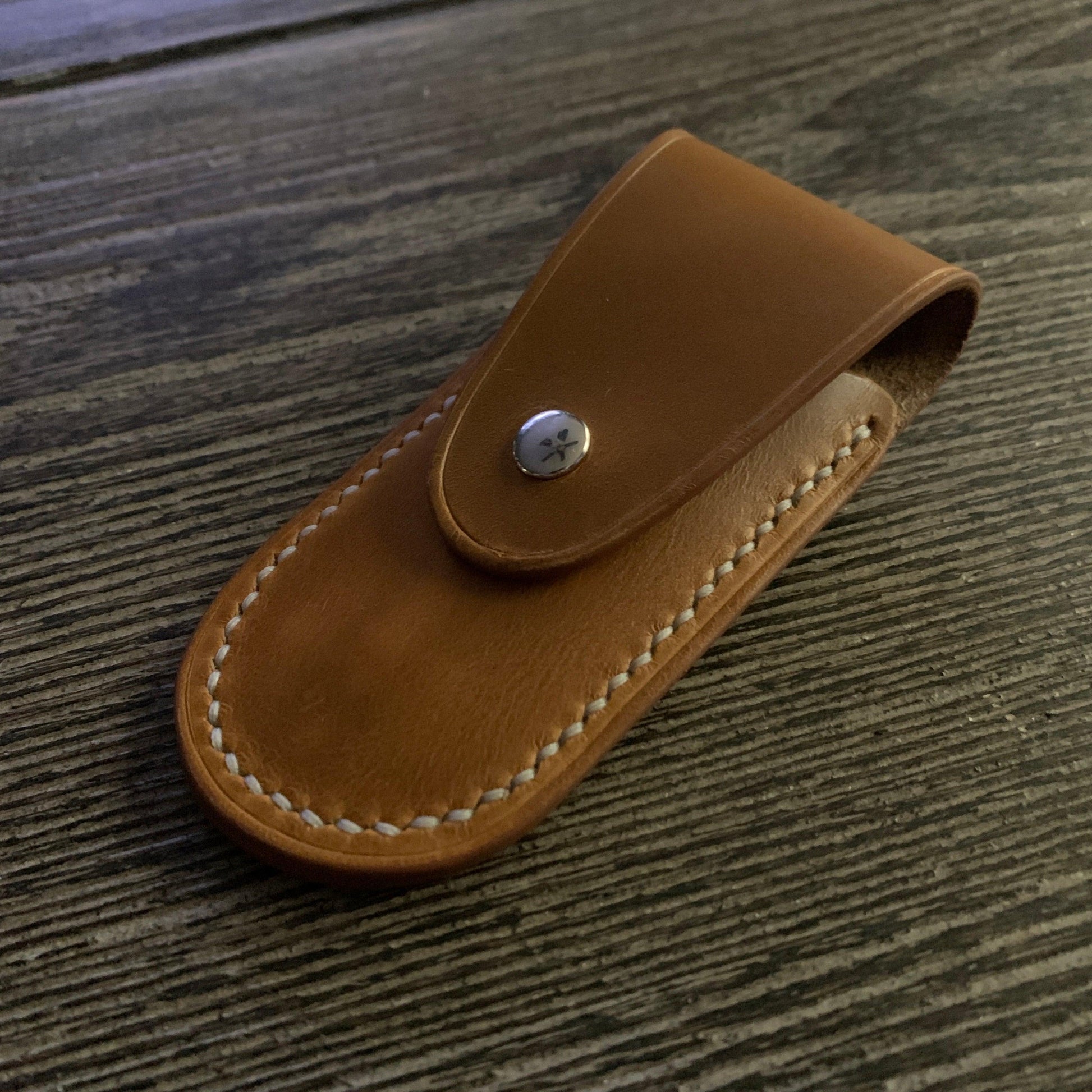 Handmade Leather Pocket Knife Holster, 3” pocket knife pouch with Belt Loop Snap Closure - Oxford Xcel Chrome Tan Leather - Stonestreet Leather