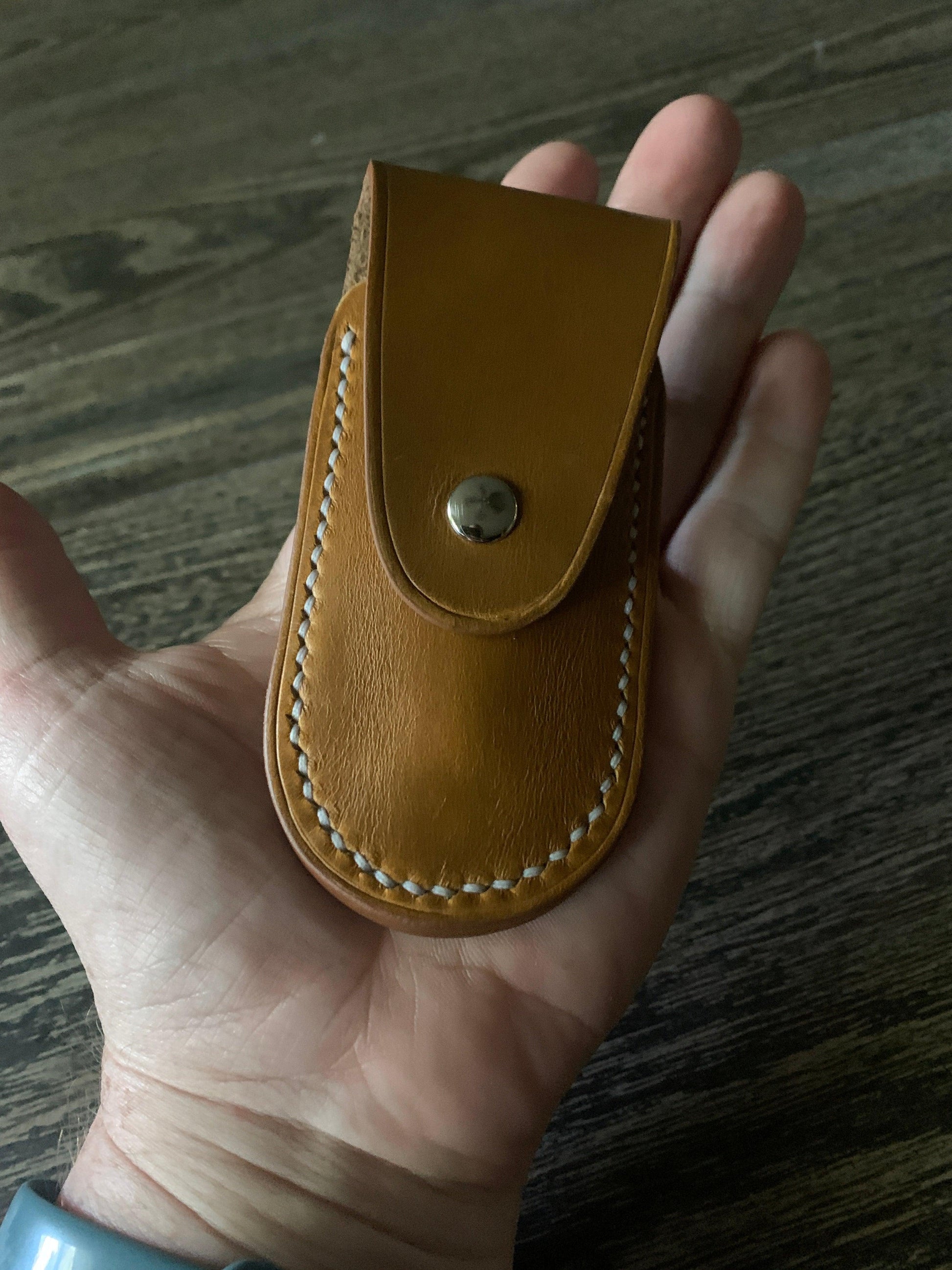 Handmade Leather Pocket Knife Holster, 3” pocket knife pouch with Belt Loop Snap Closure - Oxford Xcel Chrome Tan Leather - Stonestreet Leather
