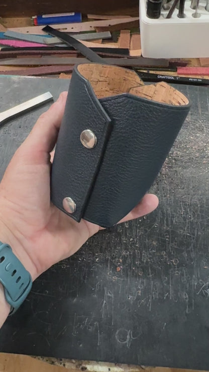 Modern Pencil Cup - Italian Pebble Grain Leather, Silver Snaps, Lined with Cork