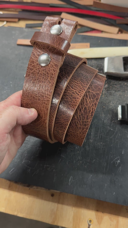 Tan Vintage Glazed, Buffalo Leather Belt Blank With Snaps & Matching Keeper, 48"-60"+ Length, Choice of Snap Color