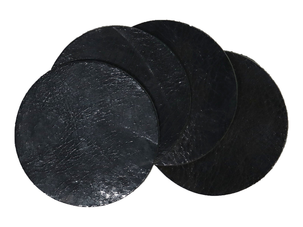 Black Vintage Glazed Water Buffalo Leather Round Coaster Shapes, 4