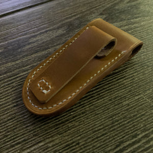 Handmade Leather Pocket Knife Holster, 3” pocket knife pouch with Belt Loop Snap Closure- Oxford Xcel Chrome Tan Leather - Stonestreet Leather