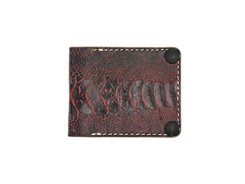 Minimalist Bifold Snap Wallet - Red & Black Ostrich with Veg Tan Interior, Black Snaps - Stonestreet Leather