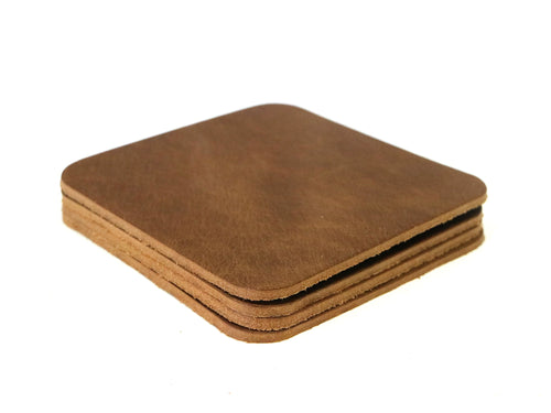 Peanut (Light Brown) West Tan Water Buffalo Leather, Square Coaster Shapes, 4